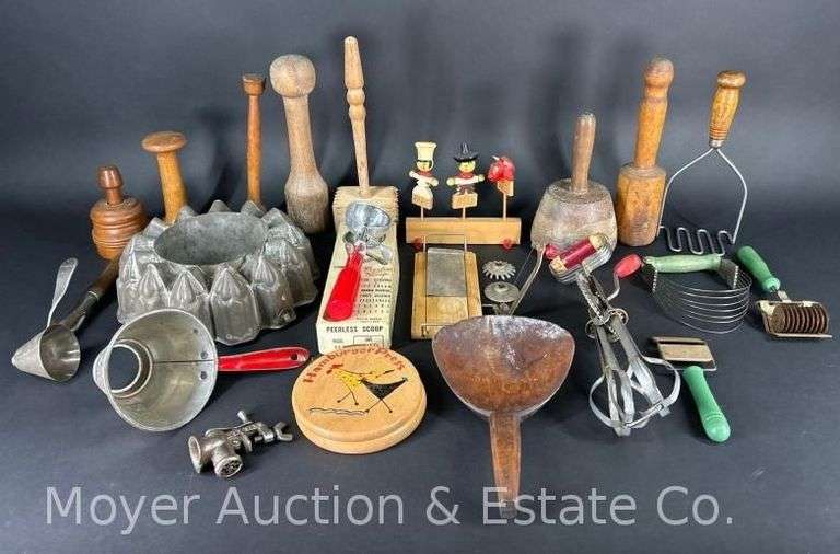 Group of Country Kitchen Utensils, Wood Mashers, Etc. image