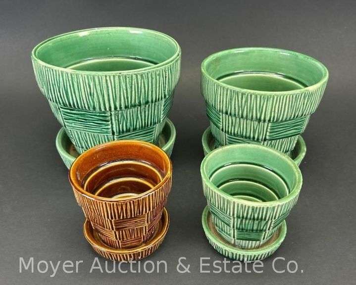 (4) McCoy Pottery Basketweave Planters, 3"-5.5"h image