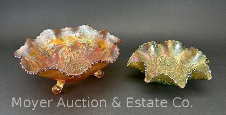 (2) Carnival Glass Bowls: Fenton "Stag and Holly", 10"w, and "Open Rose", 8.5"w image