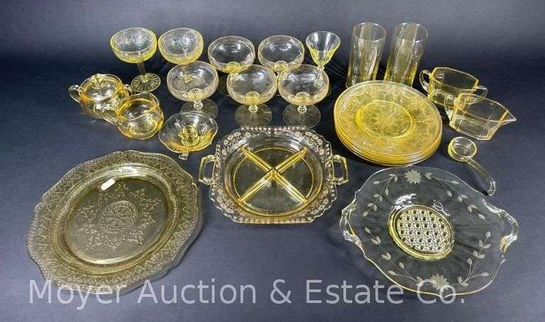(24) Pieces of Asst. Yellow Glass Stemware, Plates, Serving Dishes, Etc. image