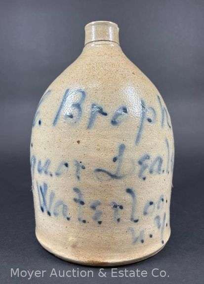 Lyons NY Stoneware Jug, Unknown Maker Stamp, with Cobalt Waterloo NY Lettering, 10.5"h x 7.5"w image