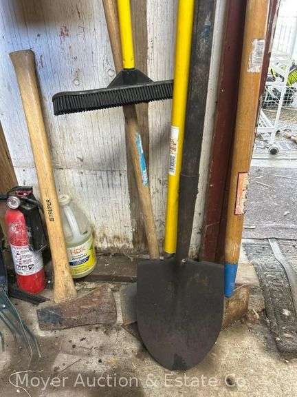 Group of Long Handled Tools: Shovels, Rakes, Hoes, Axe, etc.