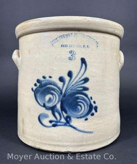 Three-Gallon Fort Edward Stoneware Co. Stoneware Crock, with Cobalt Design, 10.5"h x 11"w image
