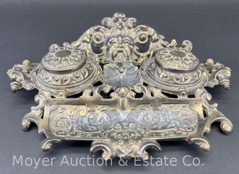 Victorian Style Double Inkwell with Ceramic Inserts, Brass, Antique, 10.5"w image