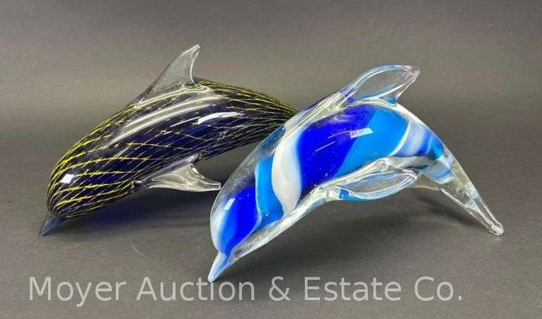 2 Art Glass Dolphins, 9"-12"w image
