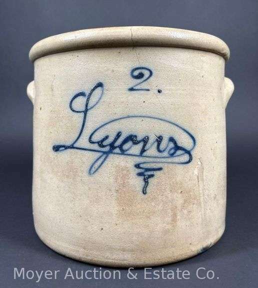 Two-Gallon Lyons Stoneware Crock, with Cobalt Lettering, 9"h x 10.5"w image