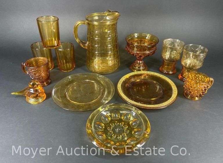 Group of Amber Glass Pitcher, Glasses, Plates, Etc. image