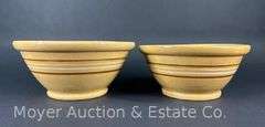 (2) Yellowware Mixing Bowls, Brown and White Stripes, 9"-10.5"
