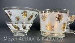 Leaf Motif Punch Bowl, Ice Bucket, and Asst. Glasses, Similar Designs but not Matching, 34 Pieces Total