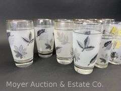 Leaf Motif Punch Bowl, Ice Bucket, and Asst. Glasses, Similar Designs but not Matching, 34 Pieces Total