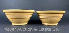 (2) Yellowware Mixing Bowls, Brown and White Stripes, 9"-10.5"