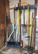 Group of Long Handled Tools: Shovels, Rakes, Hoes, Axe, etc.