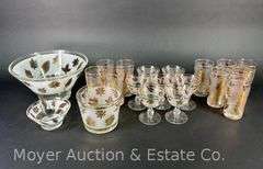 Leaf Motif Punch Bowl, Ice Bucket, and Asst. Glasses, Similar Designs but not Matching, 34 Pieces Total