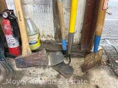Group of Long Handled Tools: Shovels, Rakes, Hoes, Axe, etc.