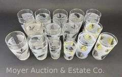 Leaf Motif Punch Bowl, Ice Bucket, and Asst. Glasses, Similar Designs but not Matching, 34 Pieces Total