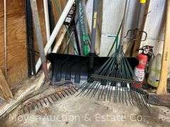 Group of Long Handled Tools: Shovels, Rakes, Hoes, Axe, etc.
