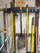 Group of Long Handled Tools: Shovels, Rakes, Hoes, Axe, etc.