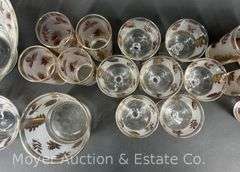 Leaf Motif Punch Bowl, Ice Bucket, and Asst. Glasses, Similar Designs but not Matching, 34 Pieces Total