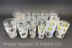 Leaf Motif Punch Bowl, Ice Bucket, and Asst. Glasses, Similar Designs but not Matching, 34 Pieces Total