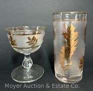 Leaf Motif Punch Bowl, Ice Bucket, and Asst. Glasses, Similar Designs but not Matching, 34 Pieces Total