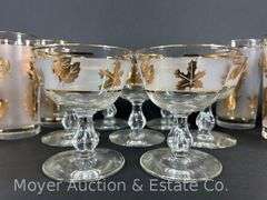Leaf Motif Punch Bowl, Ice Bucket, and Asst. Glasses, Similar Designs but not Matching, 34 Pieces Total