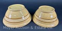 (2) Yellowware Mixing Bowls, Brown and White Stripes, 9"-10.5"