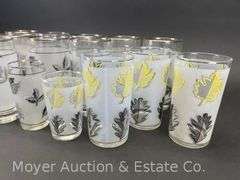 Leaf Motif Punch Bowl, Ice Bucket, and Asst. Glasses, Similar Designs but not Matching, 34 Pieces Total