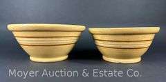 (2) Yellowware Mixing Bowls, Brown and White Stripes, 9"-10.5"
