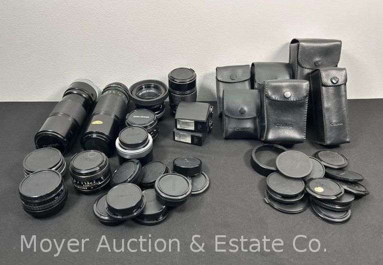 Group of Canon Lenses, Flashes, Lens Caps, and Bag image
