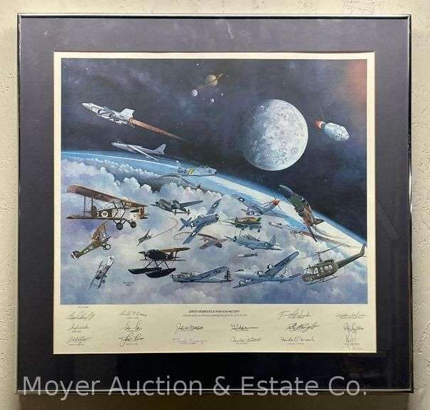 "Great Moments in Aviation History" Framed Print, 1982, #874 of 1100, 29"x30" Overall image