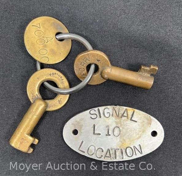 (2) Brass Railroad Keys with "Signal L10 Location" Plaque, 2.75"w image