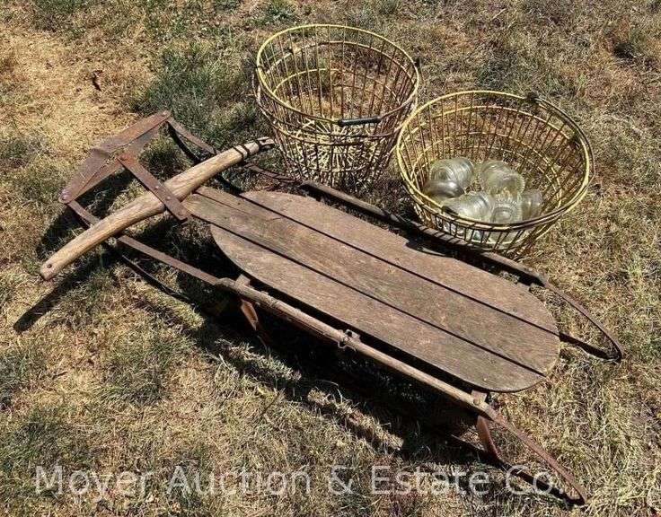 Wood Runner Sled, 3 Wire Egg Baskets, and 6 Clear Glass Insulators image