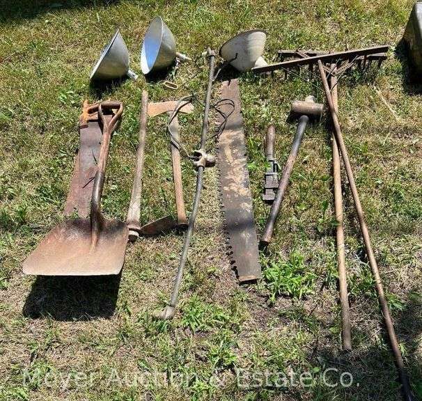 Group of Antique Long Handled Tools, Axe, Saws, Etc. image