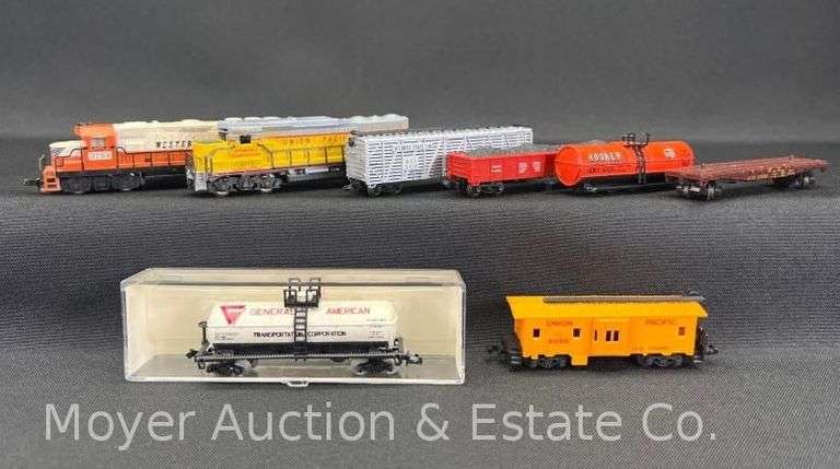 (2) N Scale Diesel Locomotives and 6 Asst. Freight Cars image
