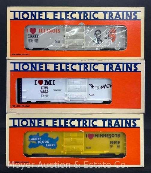 (3) Lionel "I Love" State Boxcars, No. 19933, 9486 and 19919, with Original Boxes image