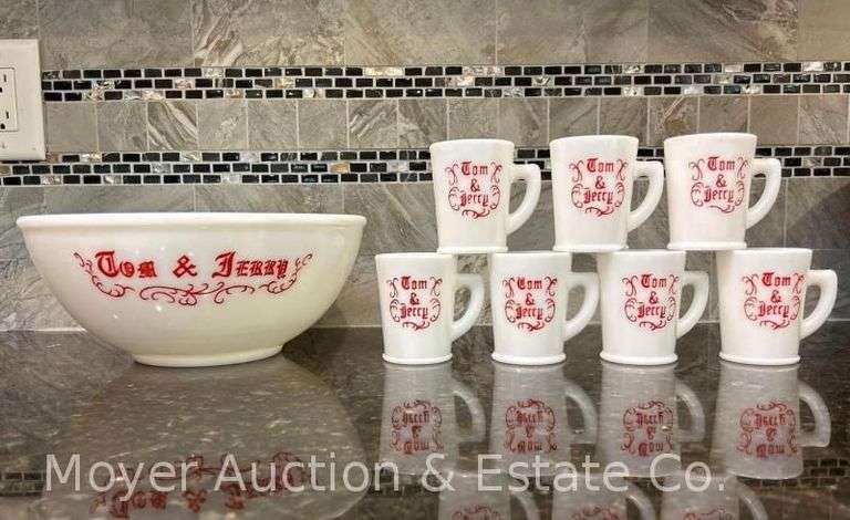 Tom & Jerry Milk Glass Punch Bowl and Mug Set, 8 Pieces image