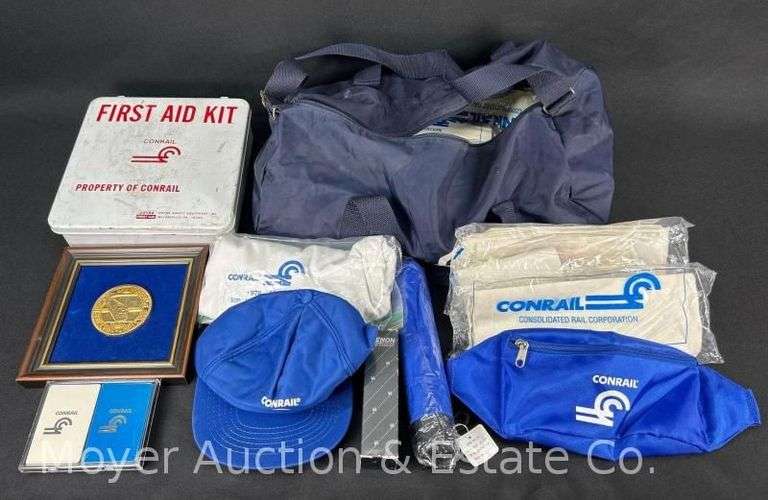 Group of Conrail Souvenirs, First Air Kit, Umbrella, Medallion, Hat, Shirt, Etc. image