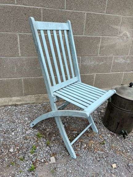 Blue Wooden Folding Chair and Vintage Metal Clam Steamer