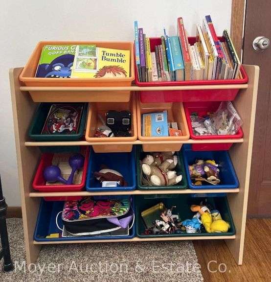 Group of Toys, Children's Books, and Bin Storage Shelf, 34"w image