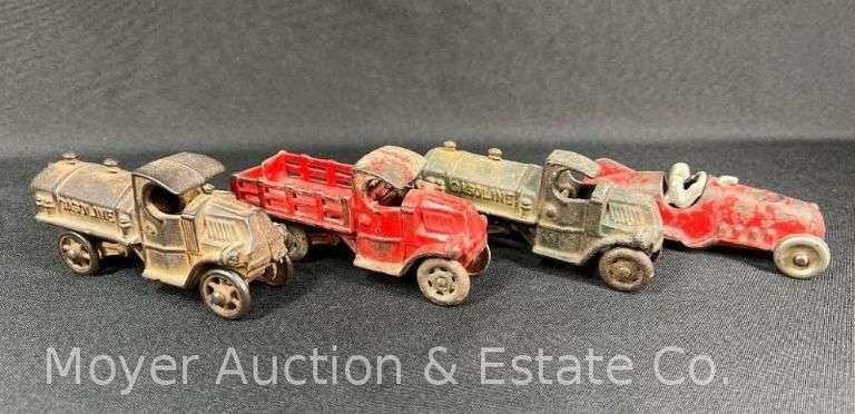 4 Early Cast Iron Toy Cars and Trucks, Race Car Marked Hubley, 5" Long image