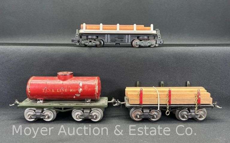 American Flyer S Gauge Log Unloading Car, with Original Box and 2 Pre-War O Gauge Freight Cars image