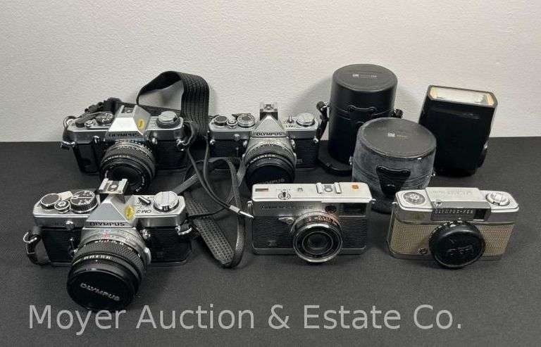 (5) Olympus Film Cameras with Flash and 2 Addt. Lenses image
