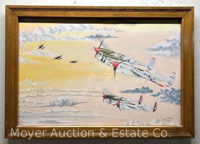 Framed Pastel of Military Airplane, Signed Kirk J. Tracy, Framed, 23"x33" image