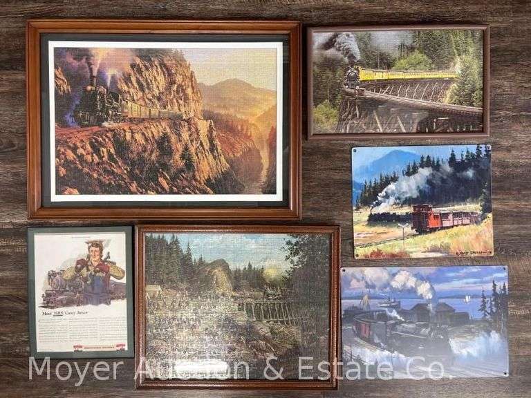 Group of Prints on Metal, Framed Railroad Puzzles, Etc., 14"x11" - 21"x29" image