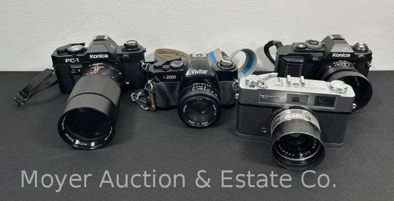 (4) Film Cameras, Konica and Vivitar, All with Lenses image