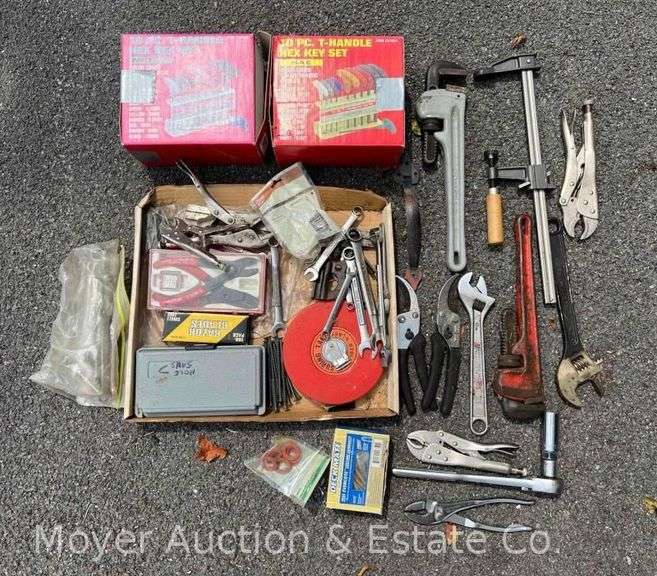 Group of Hand Tools: Wrenches, 2 T-handle Hex Key Sets, Etc. image