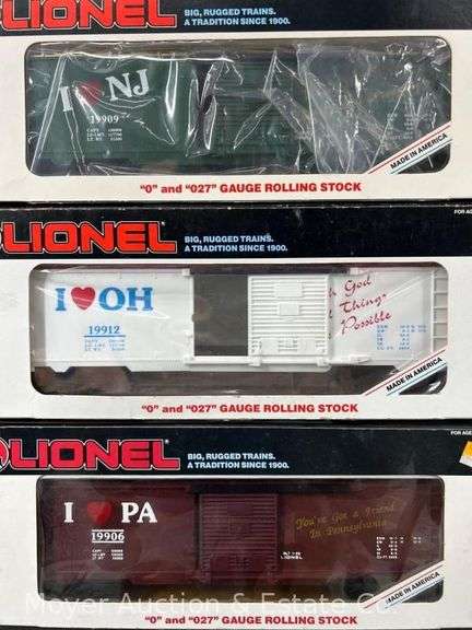 (6) Lionel "I Love" State Box Cars, with Original Boxes