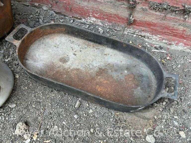 Cast Iron Oval Pan, Iron Kettle (cracked) and Aluminum Percolator Coffee Pot