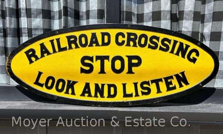 Original "STOP Railroad Crossing Look and Listen" Cast Iron Sign, Good Condition, Repainted, HEAVY