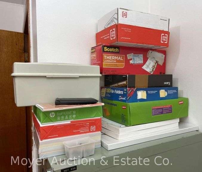 Group of Copy Paper, Labels, Laminator, Office Supplies, Contents of Filing Cabinet, Etc. image